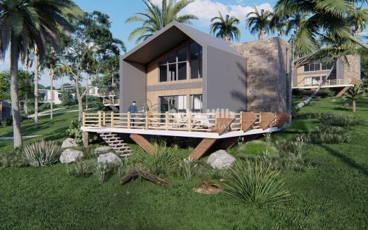 Bungalow moderne d'une chambre avec vue sur la mer et la montagne dans une éco-communauté